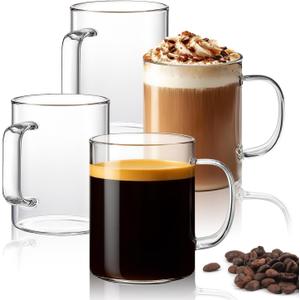 ComSaf 14oz Glass Coffee Mugs Set of 4, Clear Glass Coffee Cup with Big Handle, Large Borosilicate Glass Mug for Tea Milk or Hot Cold Beverages, Crystal Drinking Glass for Birthday Christmas Gift
