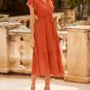 BTFBM Women Summer Bohemian Floral Casual Wrap V Neck Ruffle Cap Sleeveless Belt A-Line Pleated Hem Midi Sun Dress White (Orange, S)