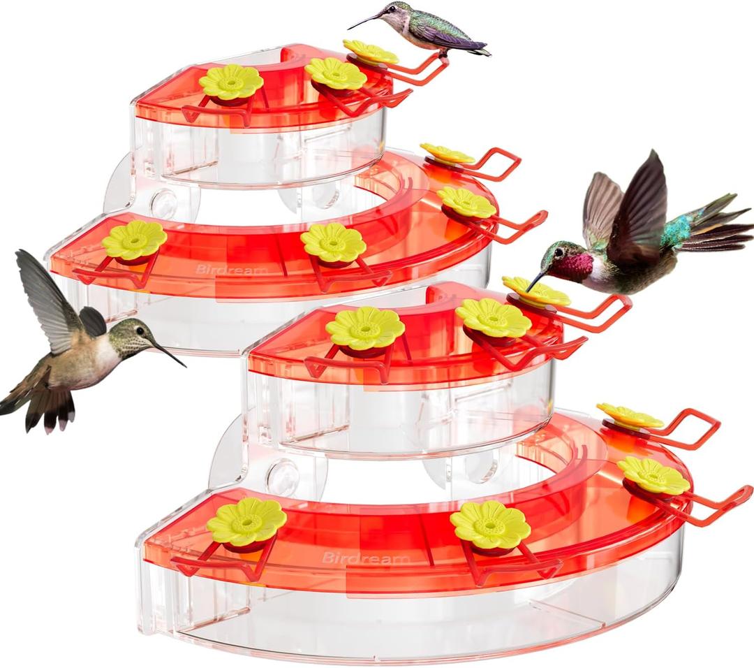 Birdream 2 Pack Window Hummingbird Feeders for Outdoors, with Strong Suction Cups & 7 Feeding Ports, Easy to Refill and Maintain, Gift for Bird Lover, Plastic Bird Feeder, 10oz Per Pack - Red