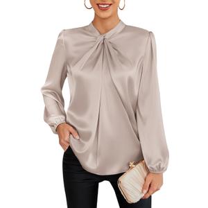 GRACE KARIN Women's Long Sleeve Satin Blouse,Mock Neck Work Silk Shirts,Dressy Tops for Business Casual Office (Medium, Khaki)
