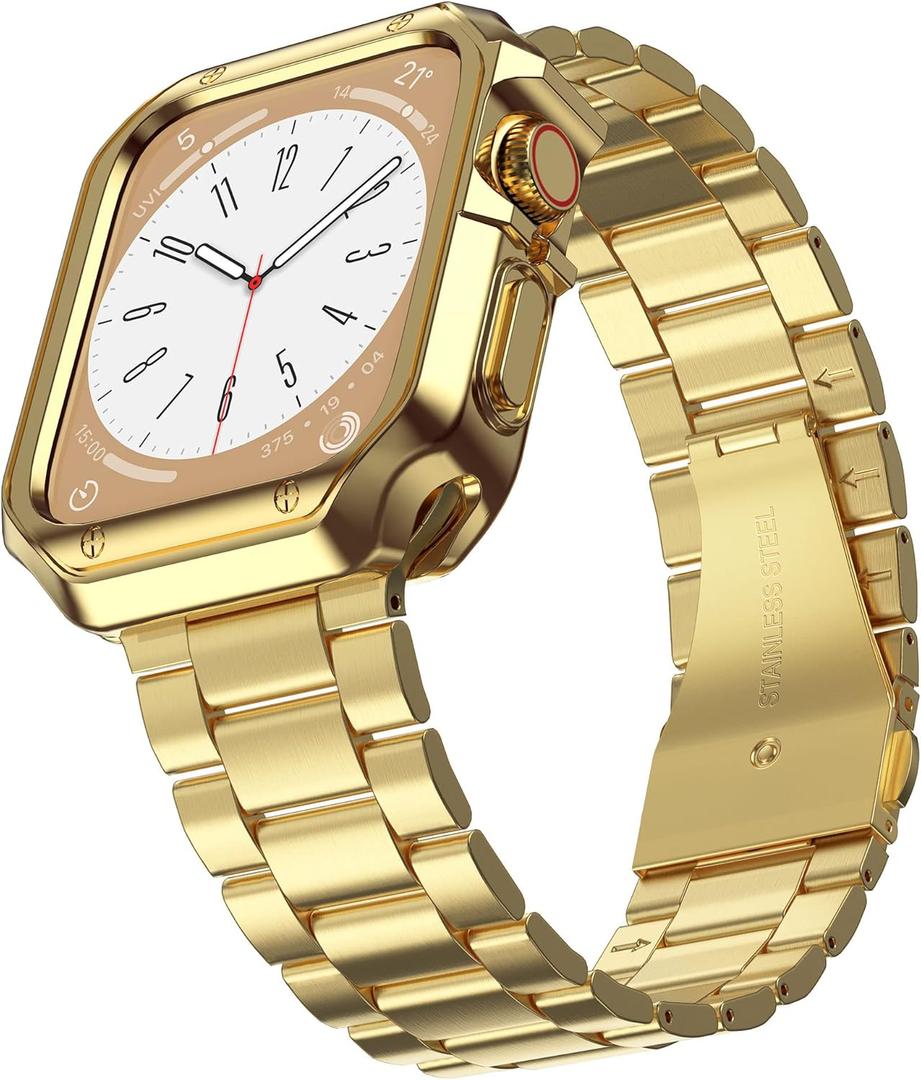 MRYUESG [Update] Designed for Apple Watch Band, Wrist-Band for i-Watch Series 9 8 7 6 5 4 3 2 1 SE, Stainless Steel Metal Chain with TPU Cover Case, Smart-Watch Link Strap, 45/44/42/41/40/38mm