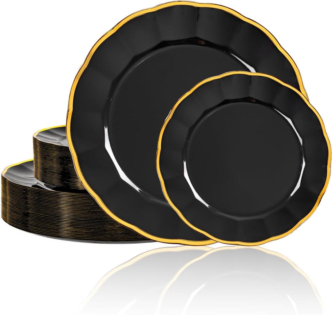 supernal 60pcs Black and Gold Birthday Plates Plastic Plates for Party and Fancy Disposable Plate Heavy Duty Scalloped Plate Wedding Disposable Dinnerware Included 30 Dessert & Dinner Plate