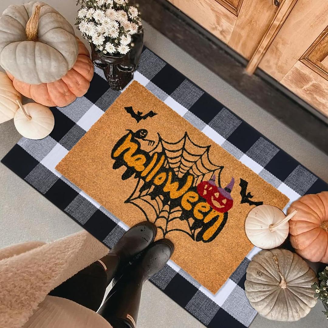 Halloween Front Door Mat Combo Set, Spider Web Coco Coir Welcome Doormat -28" x 43" Black and White Plaid Rug, Autumn Fall Front Porch Entryway Decor Floor Mat
