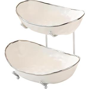 jessie 2 Tier Ceramic Fruit Bowl for Kitchen Counter with Metal Rack, Fruit Basket with Stand, Porcelain Bowls for Vegetable Bread Candy Snack Nuts Dessert Cake Tray (Silver 2 layer)