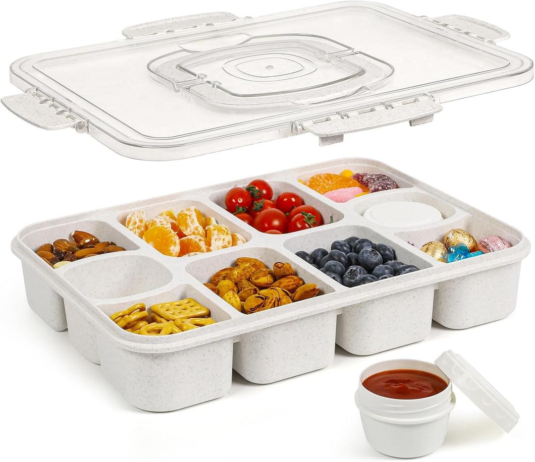 Caperci Snackle Box Container - Large 10-Compartment Divided Serving Tray with Lid and Handle, Built-in 2 Dip Containers, Dishwasher Safe, Leak-Proof, Wheat Straw, BPA-Free (White)