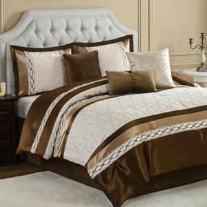 Bedduvit Luxury 7 Piece Bed in Bag King - Elegant Jacquard Design Thick King Comforter Set, Chic Genuine Patchwork Striped Bedding Comforter Sets with Bed Skirt, Decorative Pillows, Shams, Brown/Beige