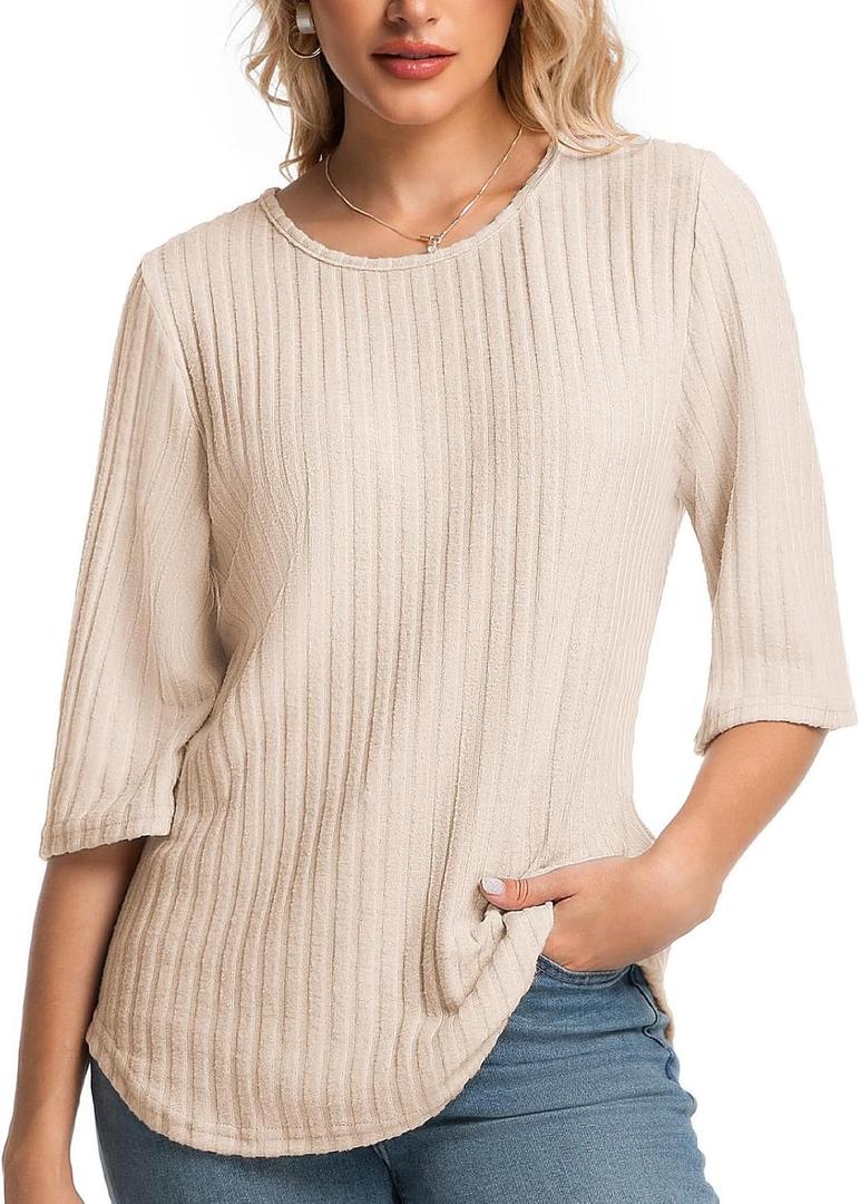 Women Fall Sweaters 3/4 Sleeve Loose Fit Tunic Tops Crewneck Dressy Casual Oversized Business Blouses 2026 (Beige, M)