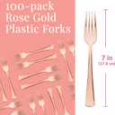 Prestee Set of 100 Rose Gold Plastic Forks Disposable - 7-in Heavy-Duty Fork Flatware - Bulk Pack Fancy Silverware - Sturdy Pink Cutlery for Weddings, Birthday Parties, Buffets, Catering and Events