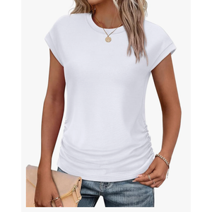 SAMPEEL Womens Summer Tops Trendy 2025 Ruched Cap Short Sleeve Tshirts Shirts Crew Neck T Shirts Fashion, Size L