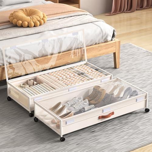 Eastherry Under Bed Storage with Wheels, XXXL Larger Under Bed Storage Containers with Clear Lids, 36'' Lengthen Under Bed Shoe Organizer for Shoes Clothes(White 2 Pack, XXXL(36"x16.6"x7.48"))
