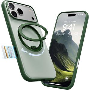 TORRAS 360 Magnetic Stand for iPhone 17 Pro Case, Ostand 3.0[Fit for MagSafe][4X Mil-Grade Shockproof] Rotatable Kickstand Protective Cover, Camera Control Button, Translucent Pine Green, O3 Fitness