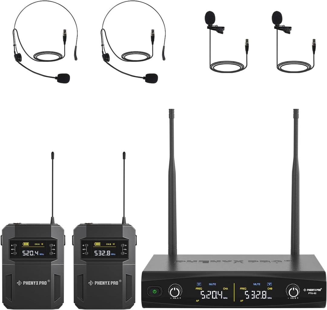 Phenyx Pro UHF Wireless Microphone System w/ 2x30 Tunable Frequencies, Metal Cordless Mic Set, 200 ft Range, 2 Bodypacks & Headsets/Lapel Mics for Speaking, Singing, Church, DJ (PTU-52-2B)