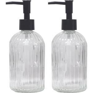 Clear Glass Soap Dispenser with Pump, 2 Pack 13.5oz Bathroom Soap Dispenser with Vertical Stripe for Hand Wash and Dish Wash, Elegant Refillable Hand Dispenser for Dishwashing Liquid, Lotion