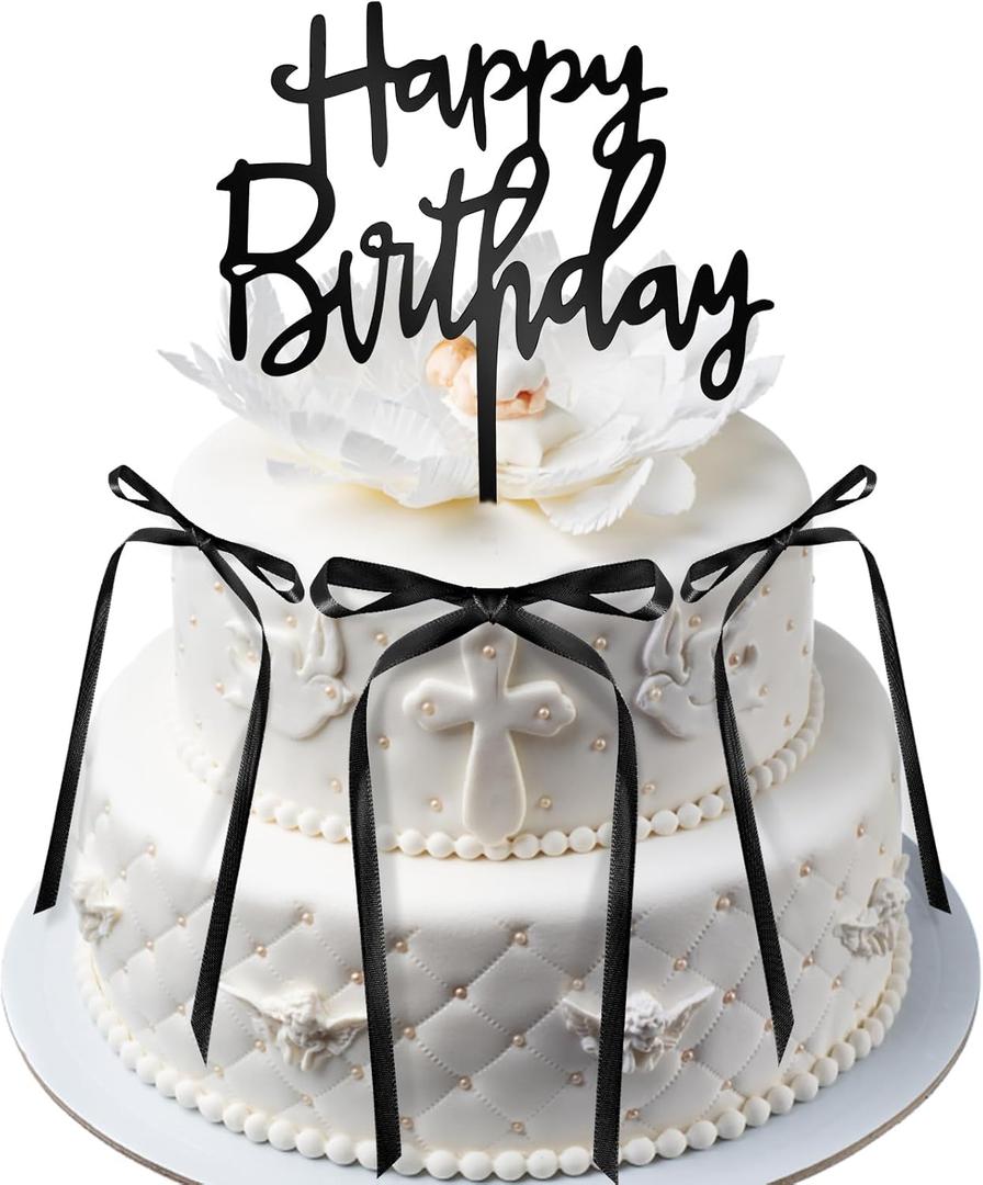 10pcs Bow Cake Toppers with Black Happy Birthday Cake Topper, Black Bows for Cake Ribbon Cake Topper Coquette Birthday Decorations for Wedding Anniversary Babe Shower Party