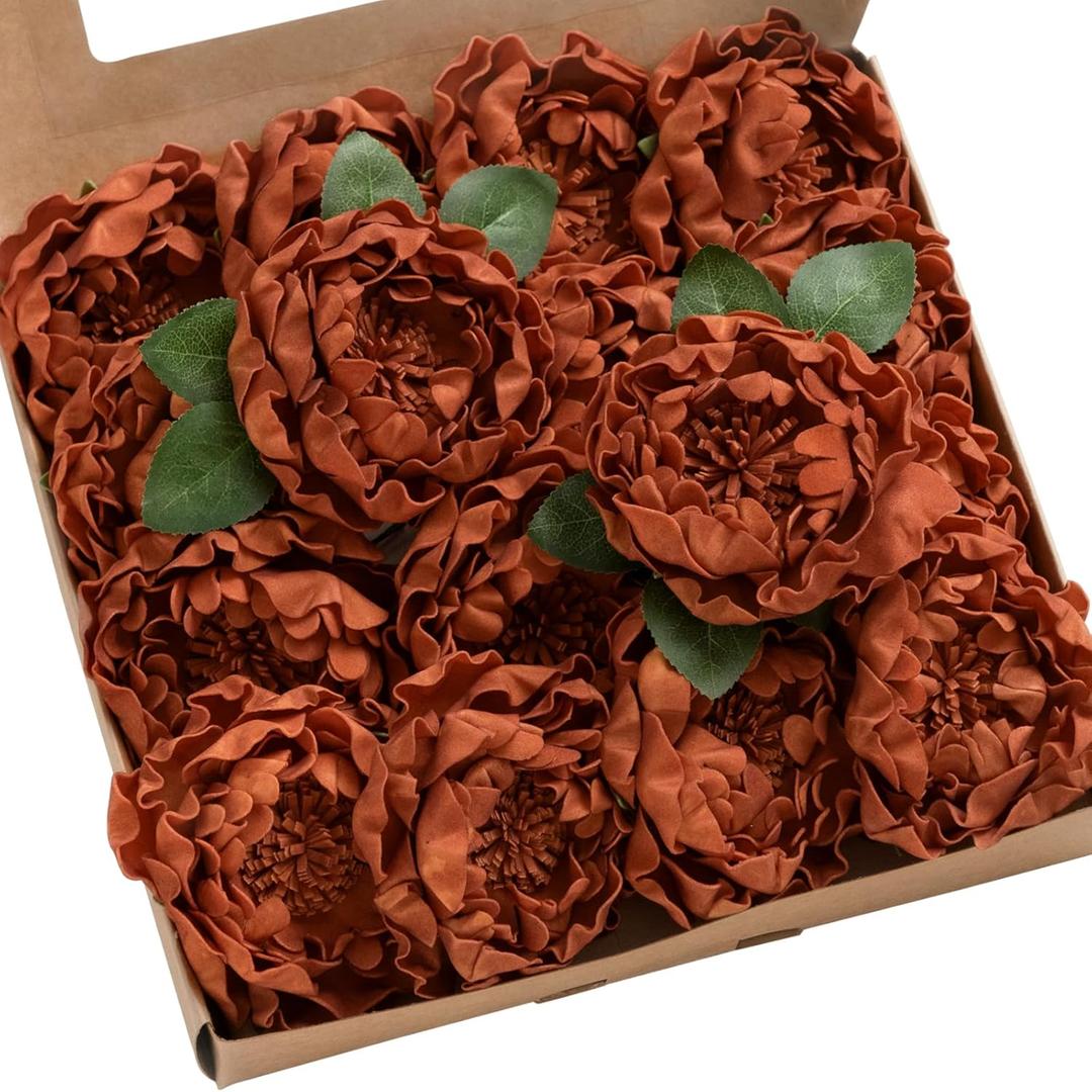 Ling's moment Flowers 16pcs Burnt Orange Rust Blooming Peonies Artificial Flowers with Stem, Artificial Peony Flowers for DIY Wedding Decorations Centerpieces Bouquets Boutonnieres (0r-brown Orange)