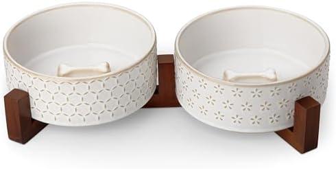 MALACASA Dog Bowl Set with Walnut Wood Stand, 3.5 Cups Ceramic Pet Bowls for Puppy Dogs, Dual Food and Water Bowls with Non-Slip Base, Basic Bowls for Your Dog or Cat, Five-Leaf Grass & Honeycomb