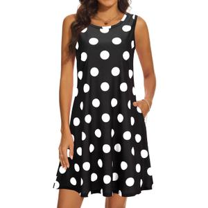 Summer Dresses for Women 2025 Casual Sundresses Beach Cover Ups Sleeveless Tshirt Swing Dress with Pockets (Medium, Black Dot)