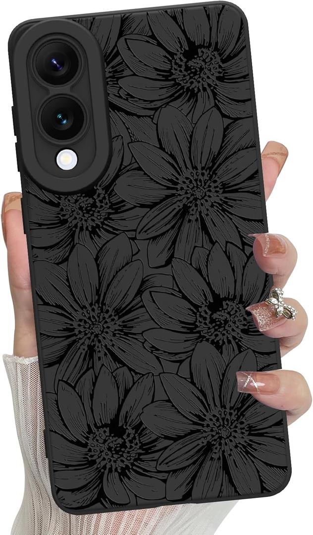 MZELQ for Samsung Galaxy S25 Edge Case, Silicone Sunflower Floral Flowers Cute Pattern, Camera Protection Soft Slim Phone Cover for Girls Women -Black