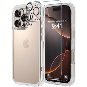 Diverbox for iPhone 16 Pro Max Case [Shockproof] [Dropproof] [Tempered Glass Screen Protector + Camera Protectors] Heavy Duty Protection Phone Case Cover for Apple iPhone 16 Pro Max (Clear)