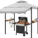 CHARMELEON 8x8 FT Grill Gazebo, Grill Canopy with Big Awning&2 Side Shelves&6 Hooks&Bottle Opener, Powder-Coated Steel BBQ Shelter for Patio Backyard Outdoor Grilling-Light Gray
