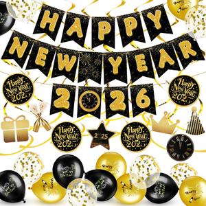 TaoBary 2026 New Years Eve Party Decoration Supplies Happy New Year Banner Gold and Black Hanging Swirls Balloons Cake Toppers for 2026 Eve Party Booth Props