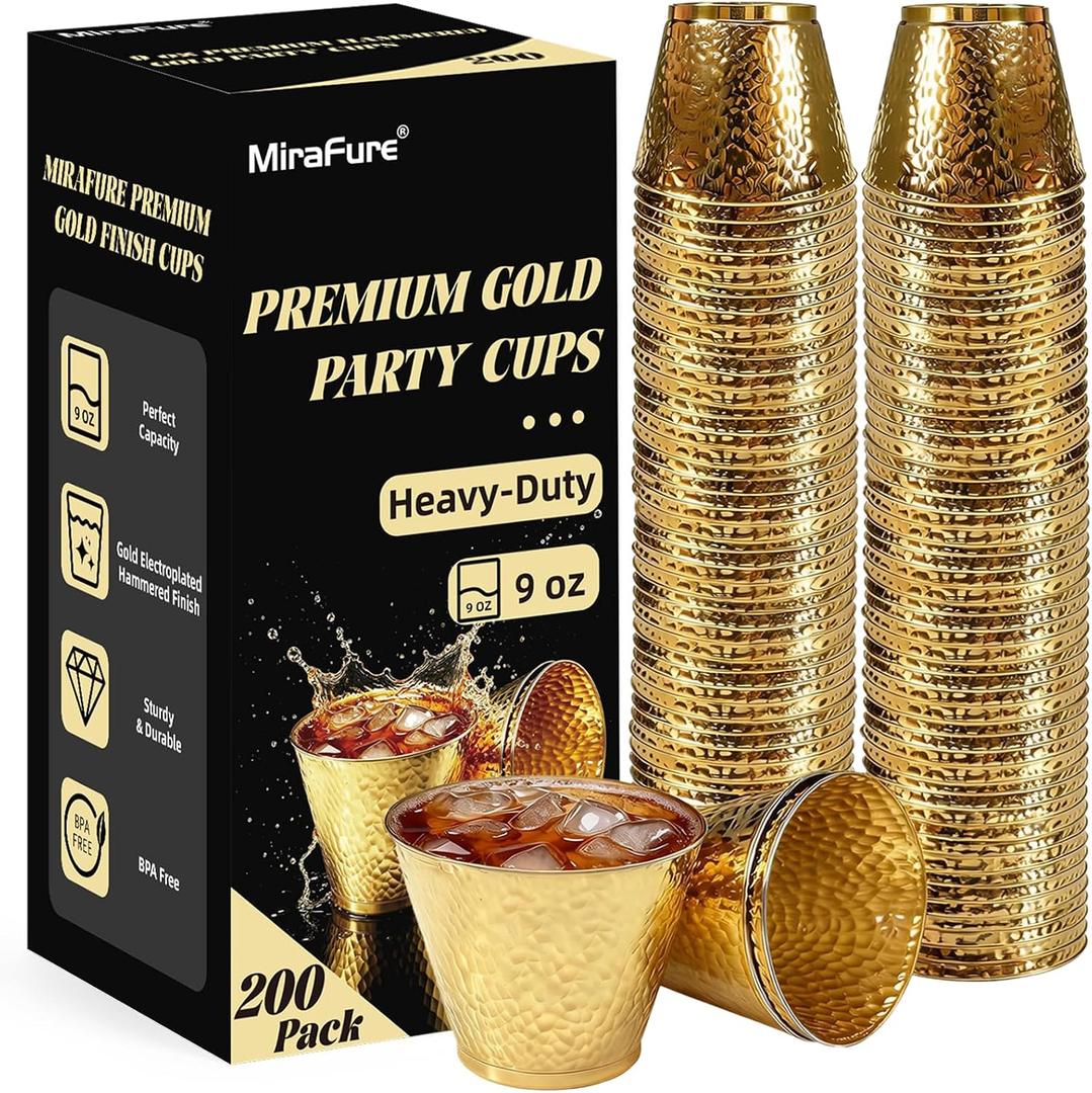 Hammered Plastic Party Cups 9oz, BPA-Free Leakproof Disposable Cups, Premium Elegant Drinkware for Weddings Birthdays Holidays Gatherings (Gold - 200 Pack), Large 