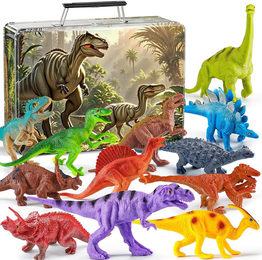 Kiddiworld Dinosaur Toys for Kids 3-5, 12PCS Realistic Dinosaur Figures with Metal Storage Box for Boys Age 2-4-6, Dino Toys for 3 4 5 Year Old Boy Girl Christmas Birthday Gifts