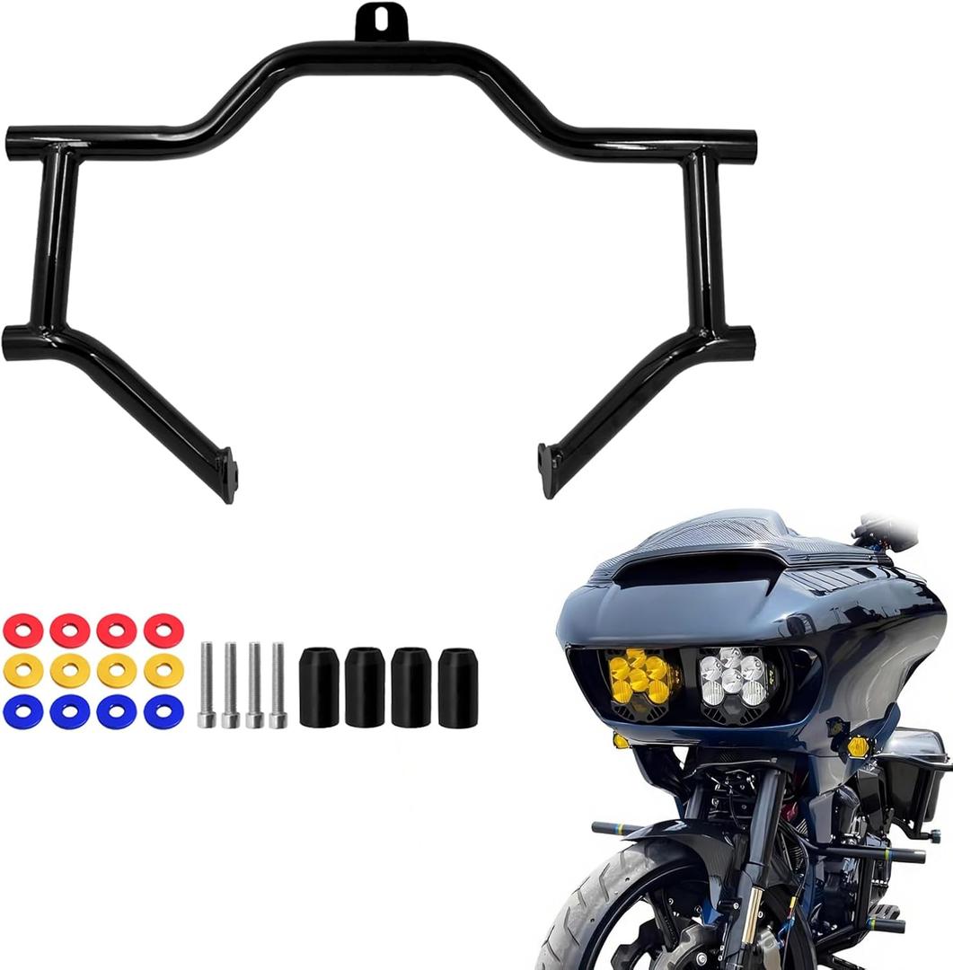 Front Engine Guard Crash Bar W/12pcs Spacer Rings for Harley Touring 09-UP | Iron Construction, Black Finish, Includes Red Blue and Yellow Spacer Rings, Fits Harley Touring Models 2009-2024