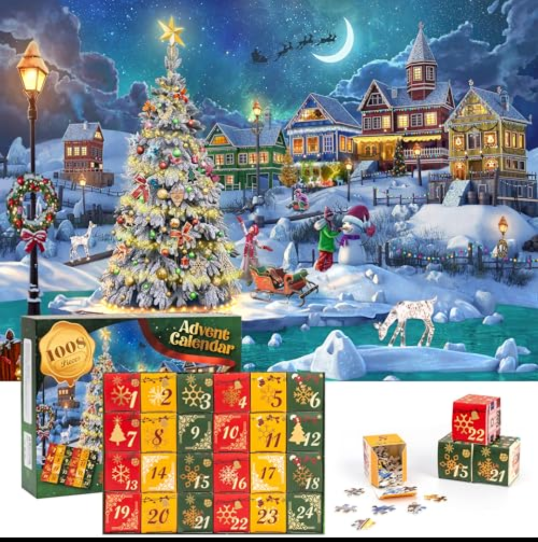 Becko US Christmas Puzzle Advent Calendar 2025 Puzzles for Adults, 1008 Pieces Jigsaw Puzzles, 24 Days Countdown to Christmas Thanksgiving Holidays, Xmas Puzzle as Decorations (Snow Scene)