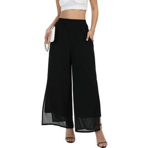 Women's Wide Leg Chiffon Dress Palazzo Pants Casual Split Hem Summer Trousers Party Club Pant, 3XL