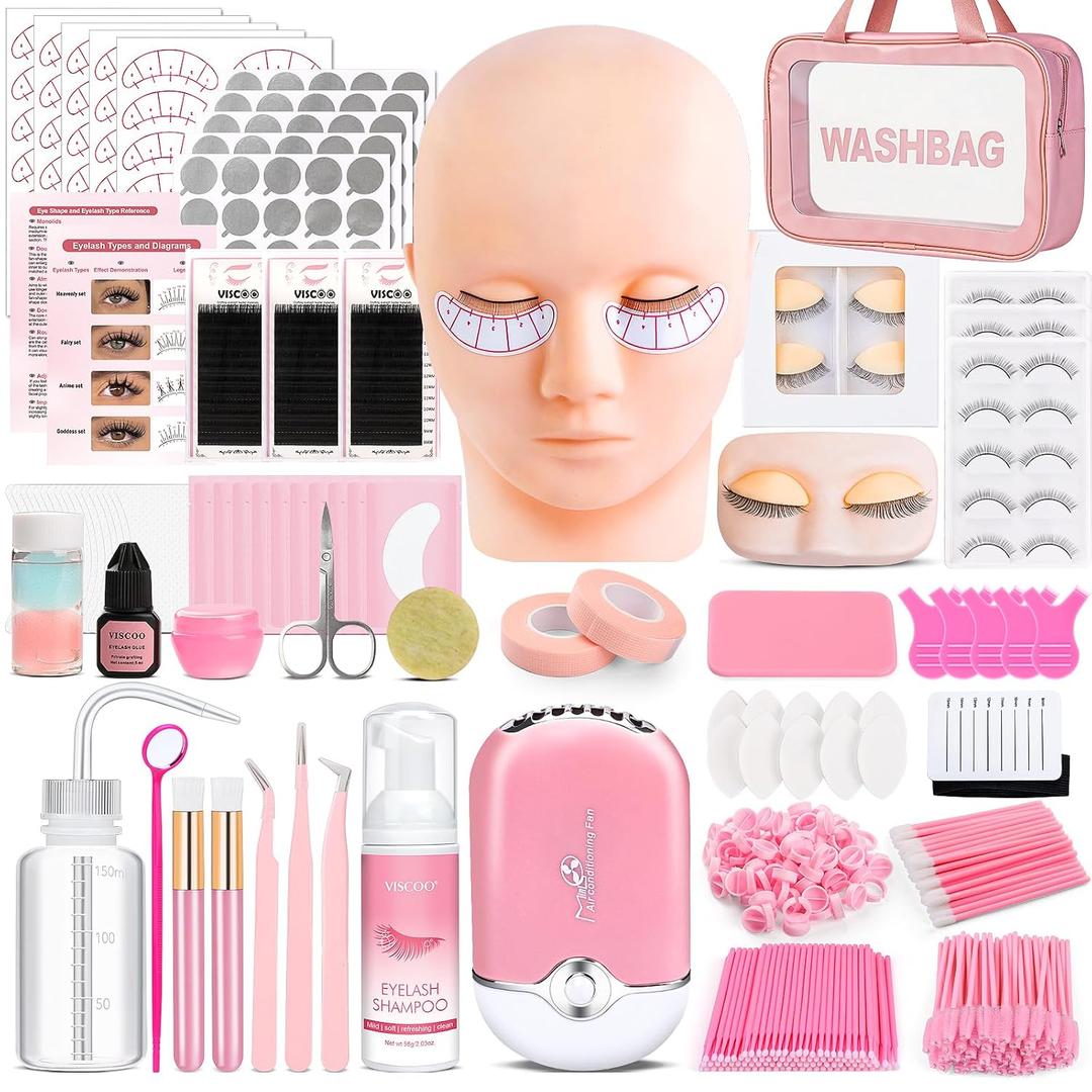 VISCOO Upgraded Eyelash Extension Kit for Beginners, Lash Extension Kit with Mannequin Head, Eye Model with Replacement False Lashes,Lash Starter Kit with Fan,Extension Glue and Remover for Training