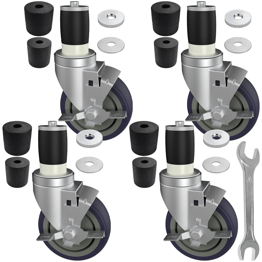 MySit 4 inch Work Table Caster Wheels for Commercial Kitchen Prep Tables, Expanding Stem Casters Set of 4 with Locking Brakes Fit Both 1-1/2" and 1-5/8" Leg Tube Adapter for Stainless Steel Worktable