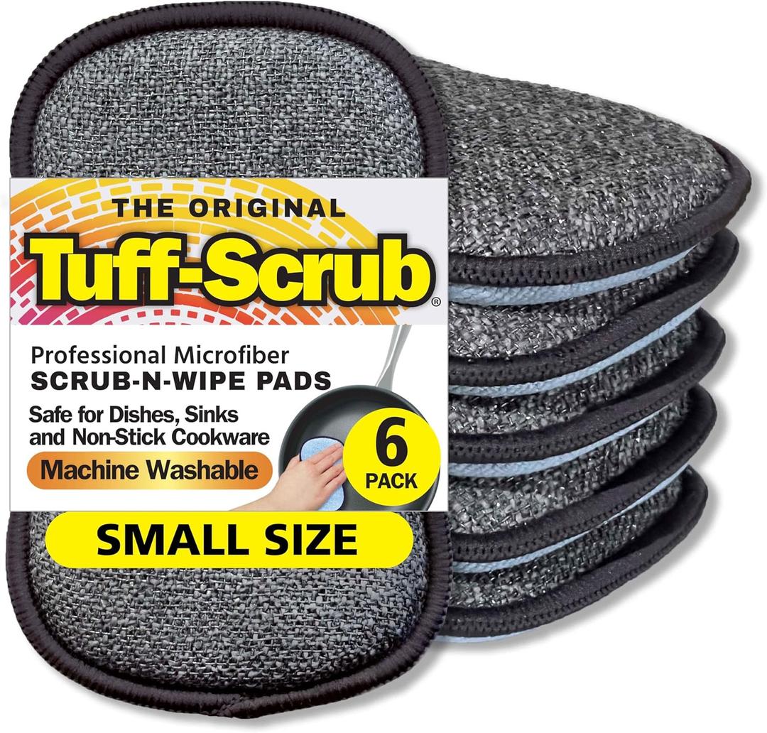 Original Scrub-N-Wipe Pad by Tuff-Scrub, 6-Pack, Microfiber, Multi-Surface, Non-Scratch, Dual-Sided, Scrubber for Dishes, Sinks, Non-Stick Cookware  Machine Washable, Durable Kitchen Sponge (Small)