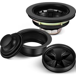 Zonon 5 Pcs 3-1/2 Inch Kitchen Sink Drain Strainer Assembly with Sink Garbage Disposal Flange and Stopper, Splash Guard Stainless Steel Replacement Accessories Kit(Black)