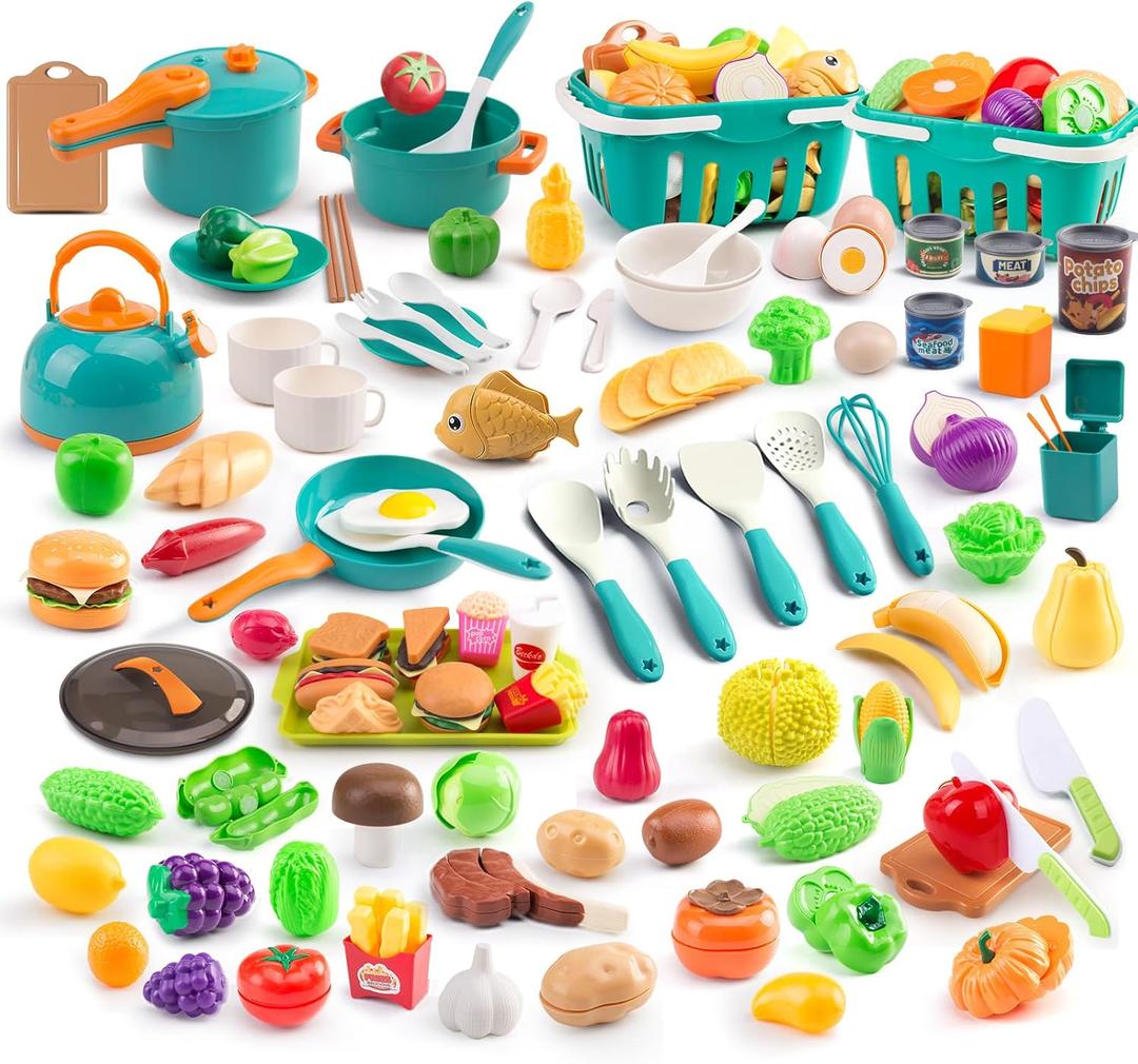 200Pcs Mini Play Kitchen Accessories for Kids, Pretend Cooking Playset with Cookware, Tableware & 2 Fruit Sets, Learning Gift for Girls, Boys, Toddlers, Green
