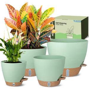 Self-Watering Pots for Indoor Plants 4 Pack, 6/8/10/12 Inch Outdoor Planters with Water Level Indicator&Deep Reservoir, Decorative Flower Pots for Indoor Plants,Home Decor (Green, 12+10+8+6 inch)