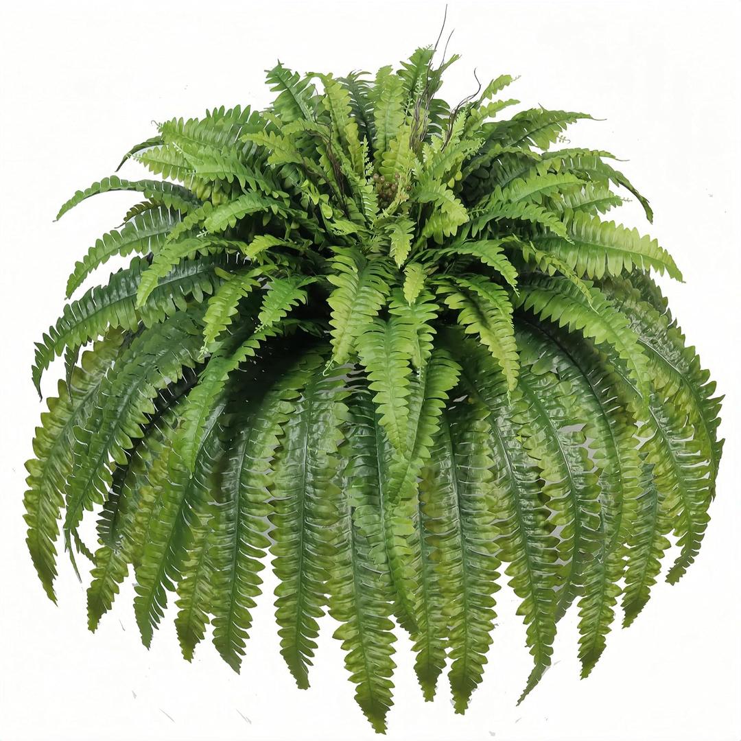 Artificial Ferns for Outdoors & Indoors, 50" Large Fake Ferns with Fruitlet & Vines, 98 Fronds Boston Fern Faux Plants Ideal for Planters Porch Garden Hall Home Decor, Hanging or Potted, UV Resistant