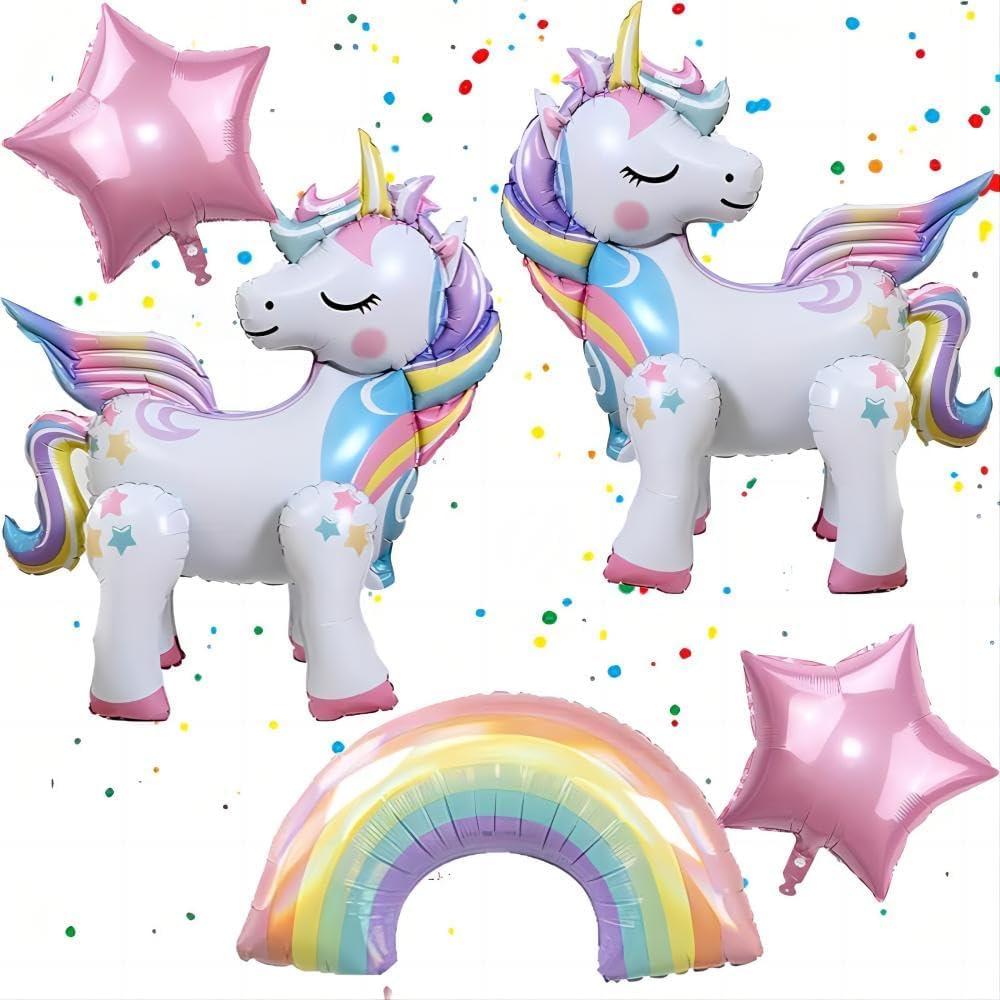 5 Pcs Self Standing Unicorn Balloons - 3D Rainbow and Star Foil Balloons for Birthday Party Decorations and Supplies