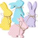 4 Pcs Easter Bunny Table Decor Bunny Table Wooden Signs with Rope Farmhouse Spring Rabbit Decoration Tiered Tray Decor for Easter R Party Home Shelf Mantel(Macaron Dots)