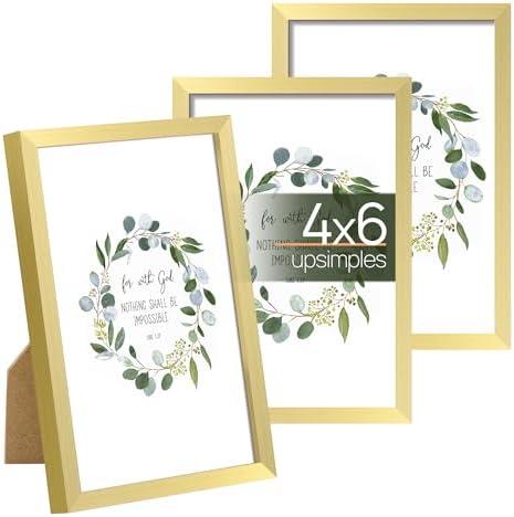 upsimples 4x6 Picture Frame Set of 3, Made of High Definition Glass for 4 x 6 Gold Frames, Wall and Tabletop Display Thin Border Photo Frame for Home Décor