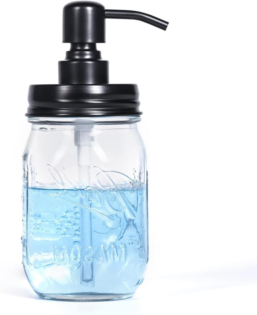 Mason Jar Glass Hand Soap Dispenser, Bathroom Kitchen Farmhouse Decor with Black 304 RustProof Stainless Steel Pump, Ideal for Dish Detergent, Liquid, Lotion (16 Ounces)
