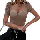 Valphsio Womens Puff Short Sleeve Top Square Neck Elegant Ribbed Knit T Shirt Summer Cute Slim Fit Tee Blouse (X-Small, Khaki)