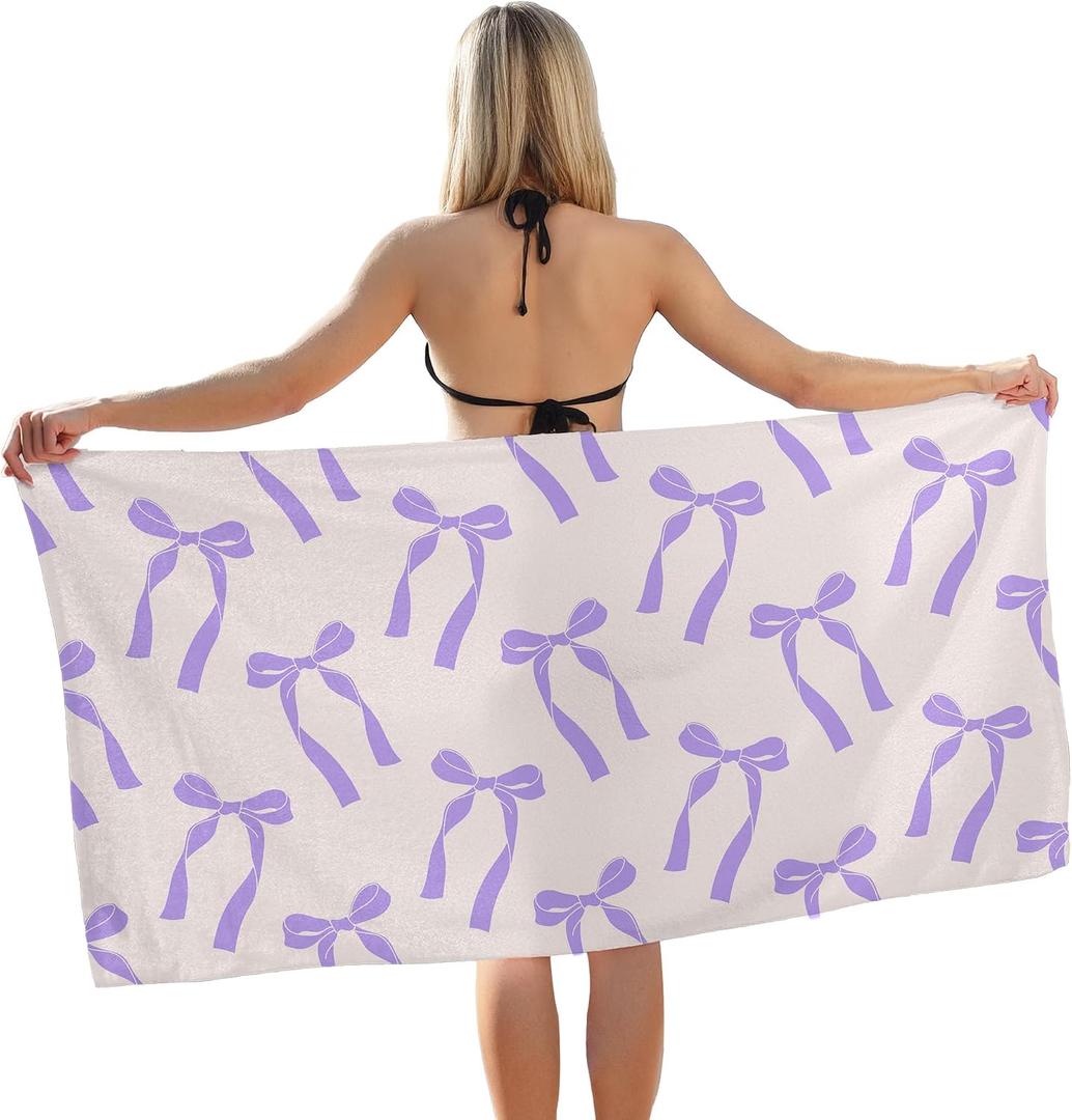 Purple Bow Girls Beach Towel, Coquette Purple Bow Bath Towels, Preppy Gifts for Women, Preppy Girly Aesthetic Pool Swim Towels for Girls Bathroom Decor, 60x30 Inches