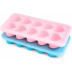 2 Pcs Heart Ice Cube Trays,Ice Maker,Silicone Molds with Removable Lid,Stackable Ice Trays with Covers(Pink,Blue)