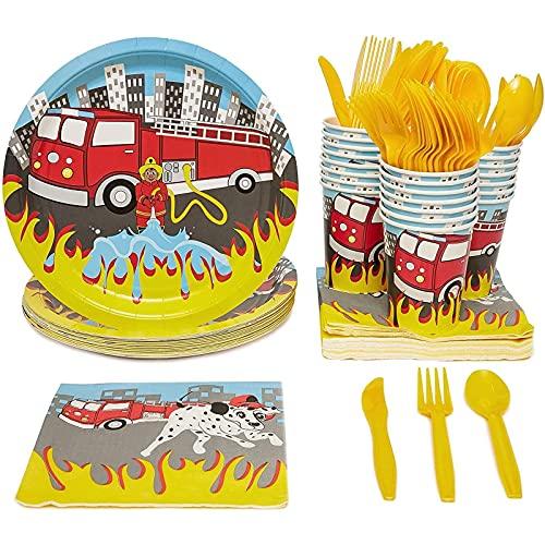 BLUE PANDA - Firetruck Birthday Party Decorations, Paper Plates, Napkins, Cups and Plastic Cutlery (Serves 24, 144 Pieces) - Fire Truck Plates - Fire Truck - Party Decoration - Birthday Supplies