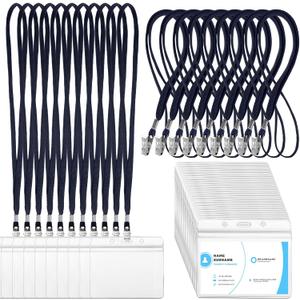 Marspark 100 Sets Clear Name Tags with Lanyard, Lanyards for ID Badges Reusable Strap with ID Holder Plastic Name Badges for Adults Business School Church Conference (Dark Blue)