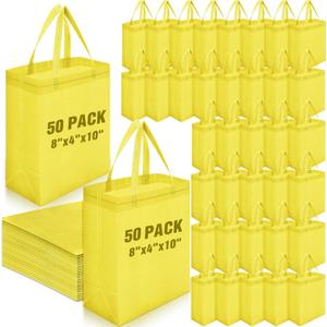 Windyun 50 Pcs Reusable Tote Bag Bulk 8 x 4 x 10 Inch Non Woven Shopping Bag with Handle Portable Grocery Bags Gift Tote for Merchandise Events Parties Boutiques Retail Stores (Light Yellow)