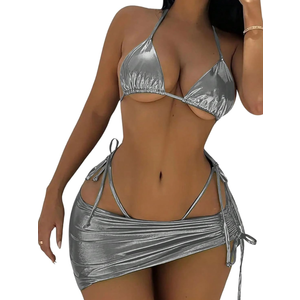 WDIRARA Women's 3 Piece Metallic Swimsuits Halter Triangle String Bikini Set with Beach Skirt L