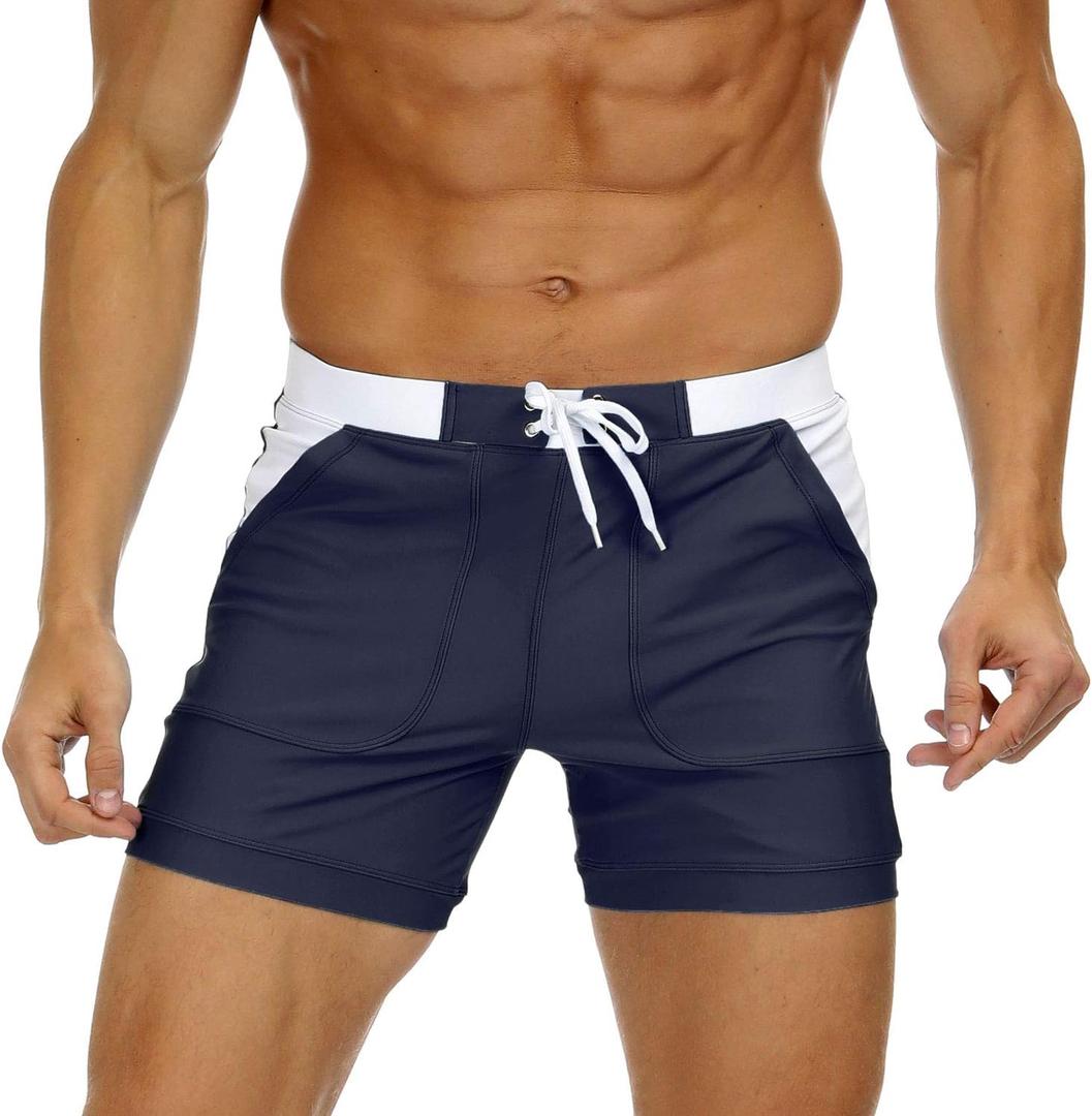 MAGNIVIT Men's Swimwear Swimsuits Solid Basic Long Swim Sport Trunks Board Shorts with Pockets (36, Navy Blue)