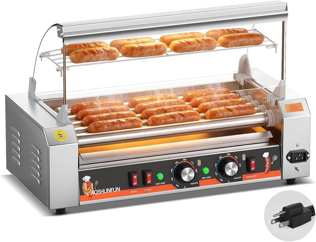 Commercial Hot Dog Roller Machine, 5 Rollers | Sausage Grill, Glass Hood, Front Door & Warming Rack, Chain-Driven, 304 SS Rollers, 110V